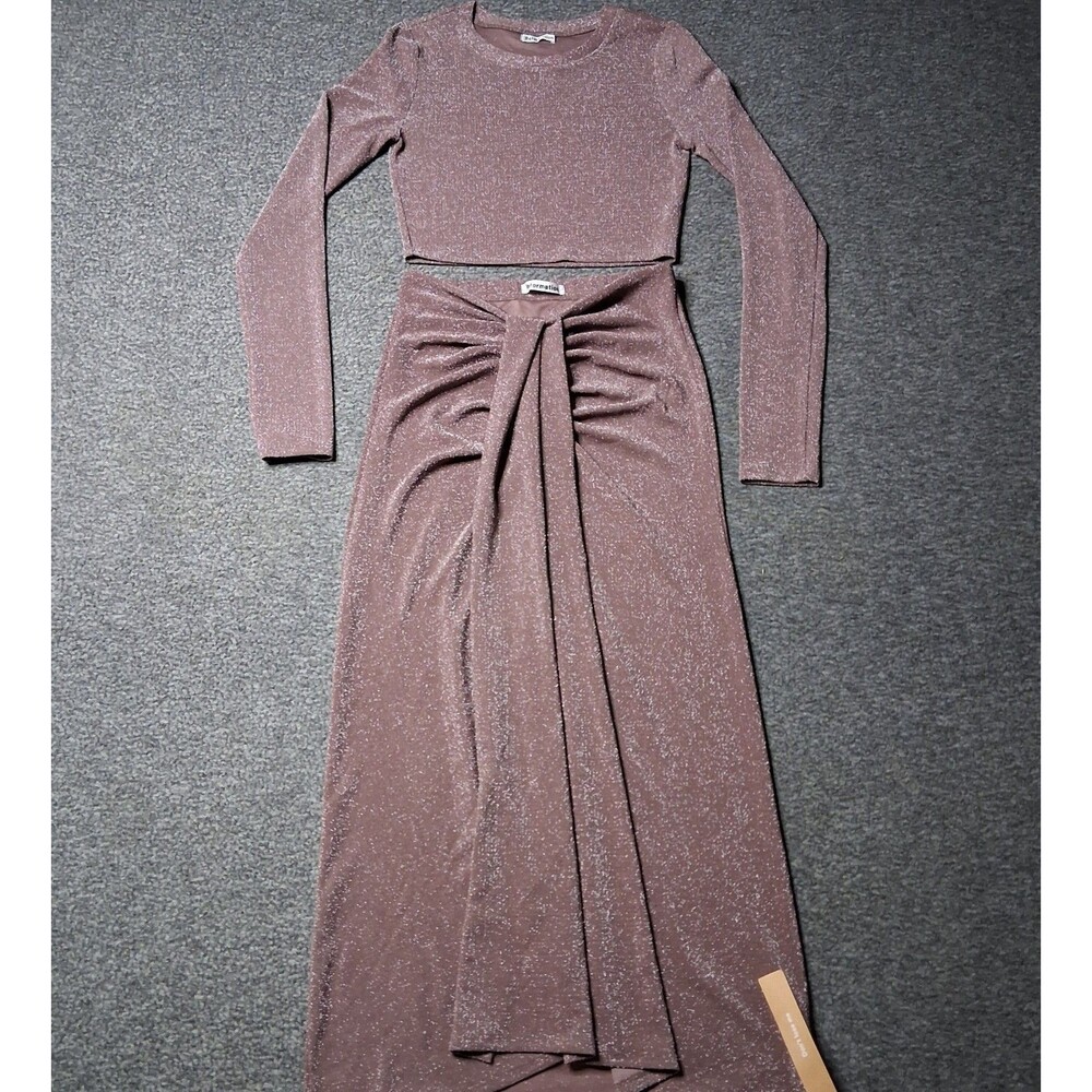 Reformation Metallic Shimmer Two-Piece Crop Top Maxi Skirt Set Mauve S NWT